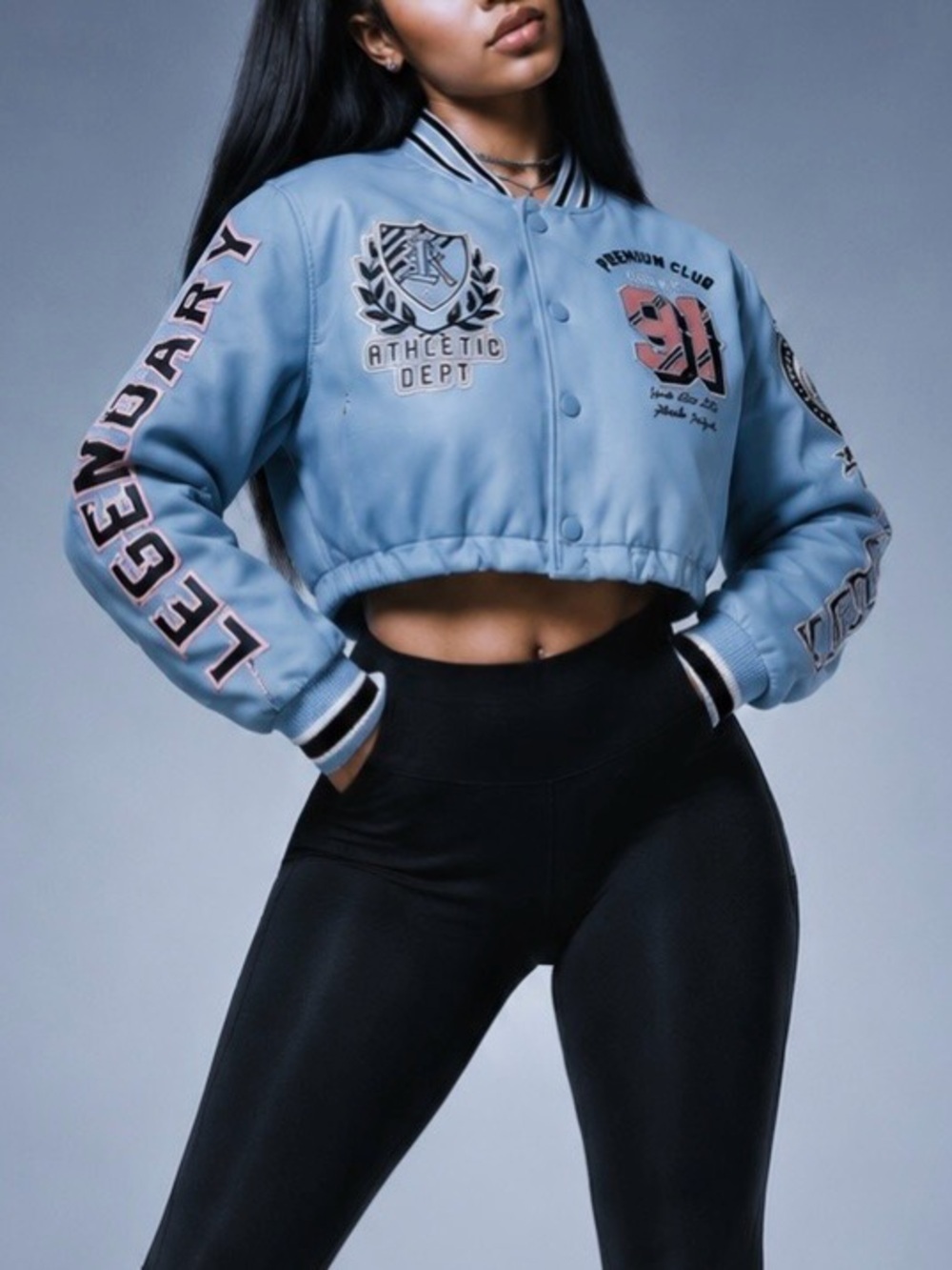 NEW! Smoke Rise Red PU Leather Varsity Jacket Coat Baby Blue Cropped Y2K  Sz S
